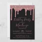 Black and Rose Gold Sparkle Glitter Drips Birthday Invitation (Front)