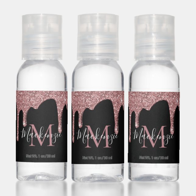 Black and Rose Gold Sparkle Glitter Drips Monogram Hand Sanitizer (Set)