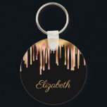 black and rose gold sparkling foil keychain<br><div class="desc">rose gold and golden foil drips with personalized text on a black background.</div>