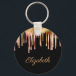 black and rose gold sparkling foil keychain<br><div class="desc">rose gold and golden foil drips with personalized text on a black background.</div>