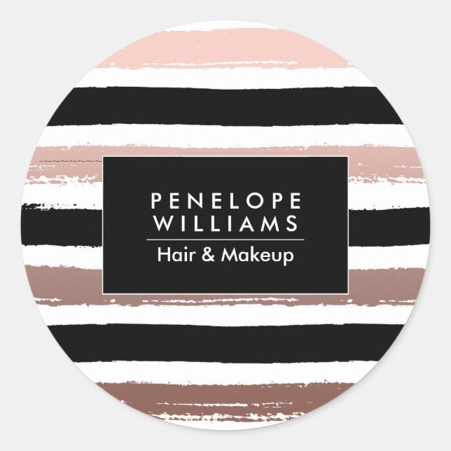 Black and Rose Gold Stripes Classic Round Sticker (Front)
