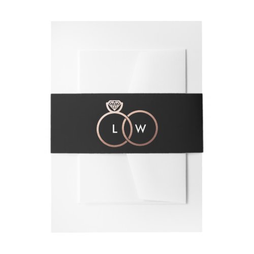 Black and Rose Gold Wedding Ring Monogram Invitation Belly Band