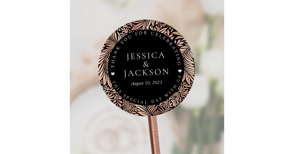 Black and Rose Gold Wedding Thank You Classic Round Sticker | Zazzle