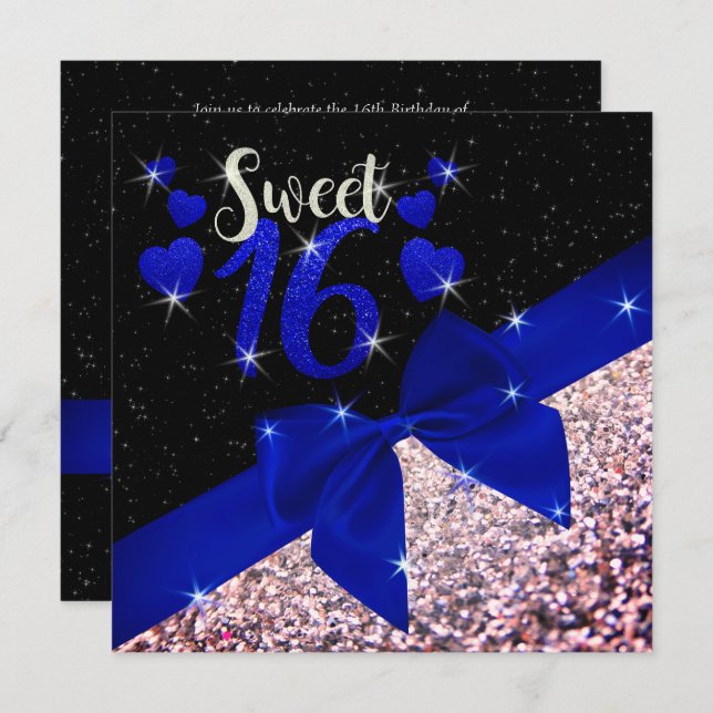Black and Royal Blue Glittery Sweet 16 Invite (Front/Back)