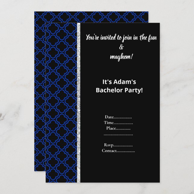 BLACK AND ROYAL BLUE PATTERN BACHELOR PARTY INVITE (Front/Back)