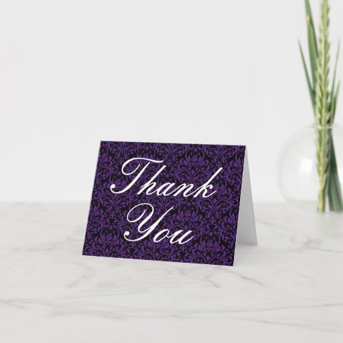 Black and Royal Purple Floral Damask Thank You Card