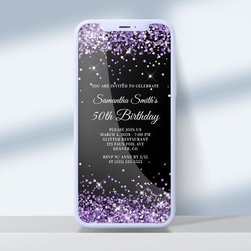 Black and Royal Purple Glitter 50th Birthday Invitation