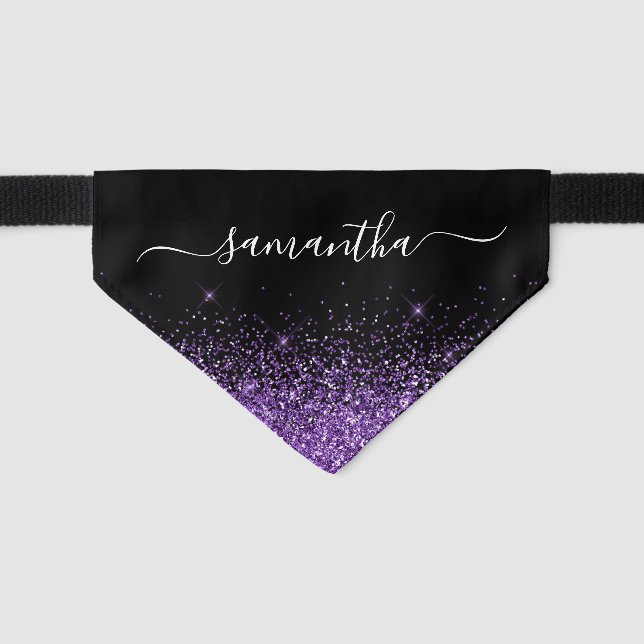 Black and Royal Purple Glitter Elegant Name Pet Bandana Collar (Front)