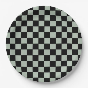 Black and Sage Green  Checkered Paper Plates