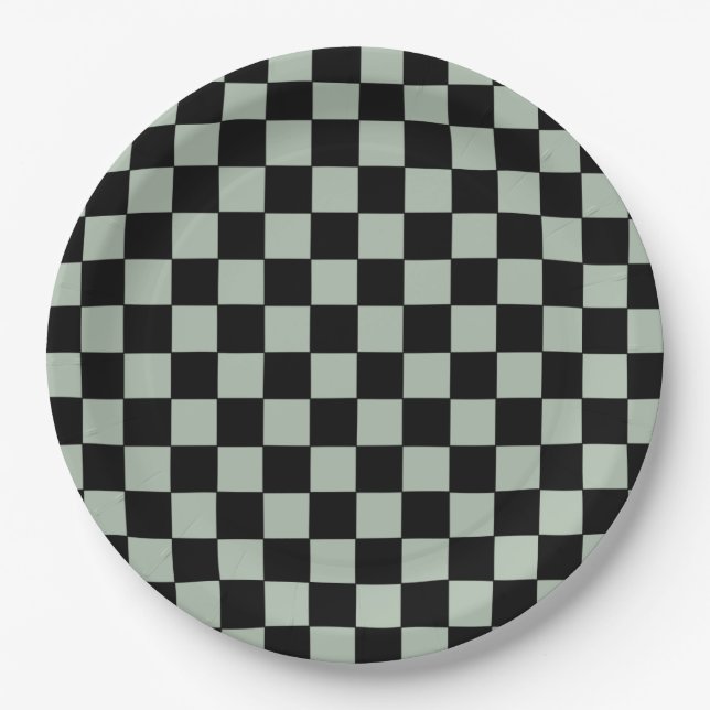 Black and Sage Green  Checkered Paper Plates (Front)