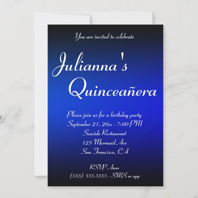 Black and Sapphire Blue Ombre Quinceañera Birthday Invitation (Front)