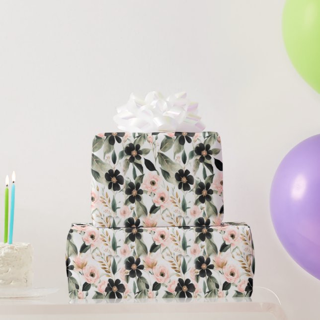 Black and Shell Pink Flowers Wrapping Paper (Party Gifts)