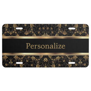 Black and Shimmering Gold Floral License Plate