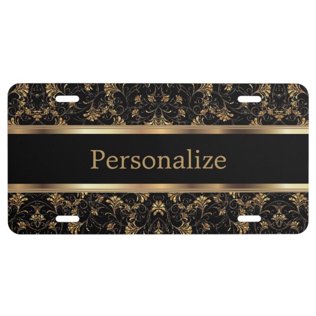 Black and Shimmering Gold Floral License Plate (Front)