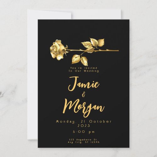 Black and Shiny Gold Rose Black Wedding Invitation