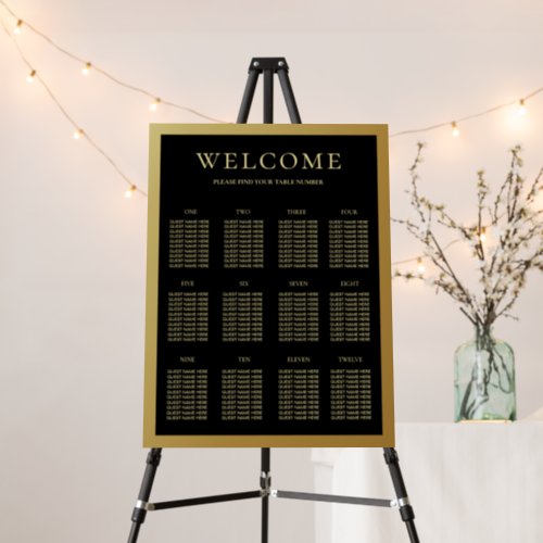 Black and Shiny Gold Wedding 12Table Seating Chart Foam Board