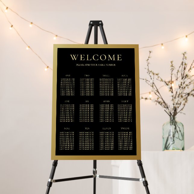 Black and Shiny Gold Wedding 12Table Seating Chart Foam Board (In Situ (Stand))