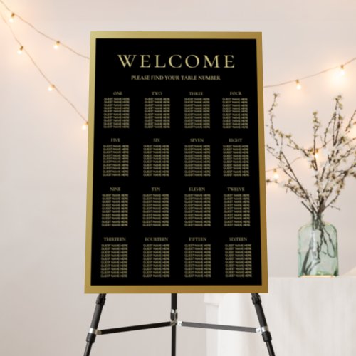 Black and Shiny Gold Wedding 16Table Seating Chart Foam Board