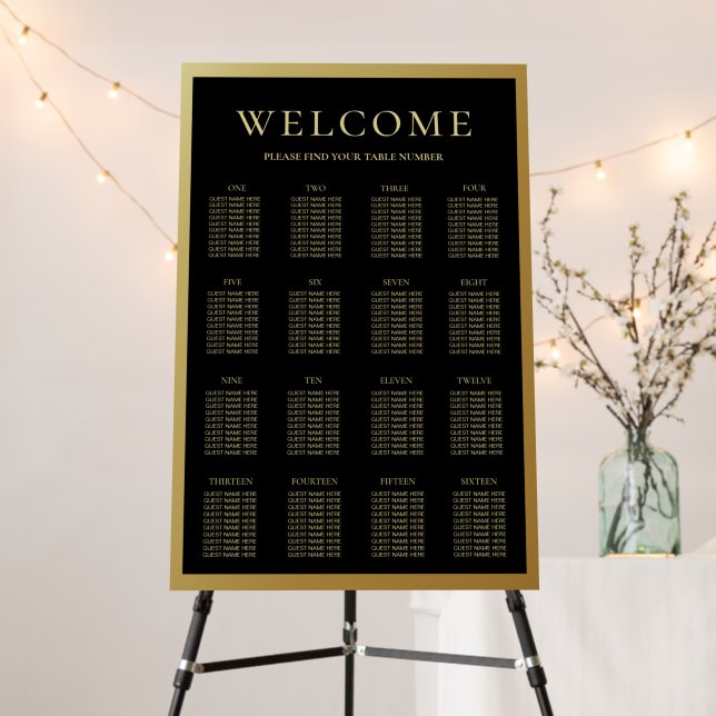 Black and Shiny Gold Wedding 16Table Seating Chart Foam Board (In Situ (Stand))