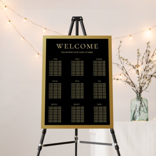 Black and Shiny Gold Wedding 9 Table Seating Chart Foam Board