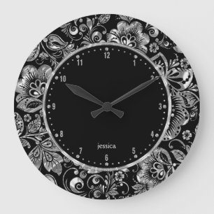 Black And Shiny Silver Floral Damasks Large Clock