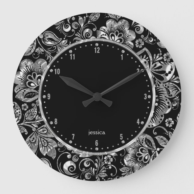 Black And Shiny Silver Floral Damasks Large Clock (Front)