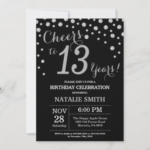 Black and Silver 13th Birthday Diamond Invitation