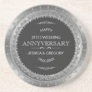 Black And Silver 25th Wedding Anniversary Design Coaster
