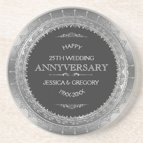 Black And Silver 25th Wedding Anniversary Design Coaster