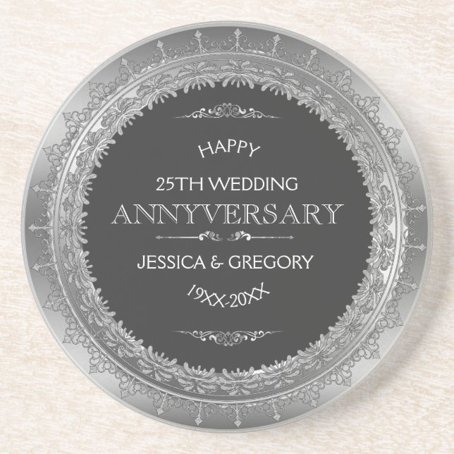 Black And Silver 25th Wedding Anniversary Design Coaster (Front)