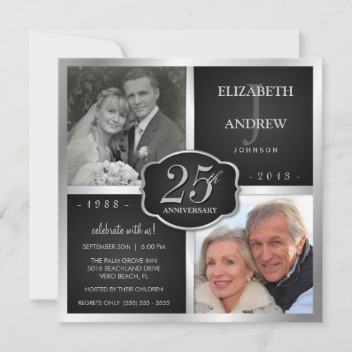 Black and Silver 25th Wedding Anniversary Invitation | Zazzle