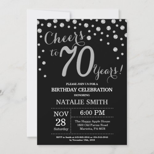 Black and Silver 70th Birthday Diamond Invitation