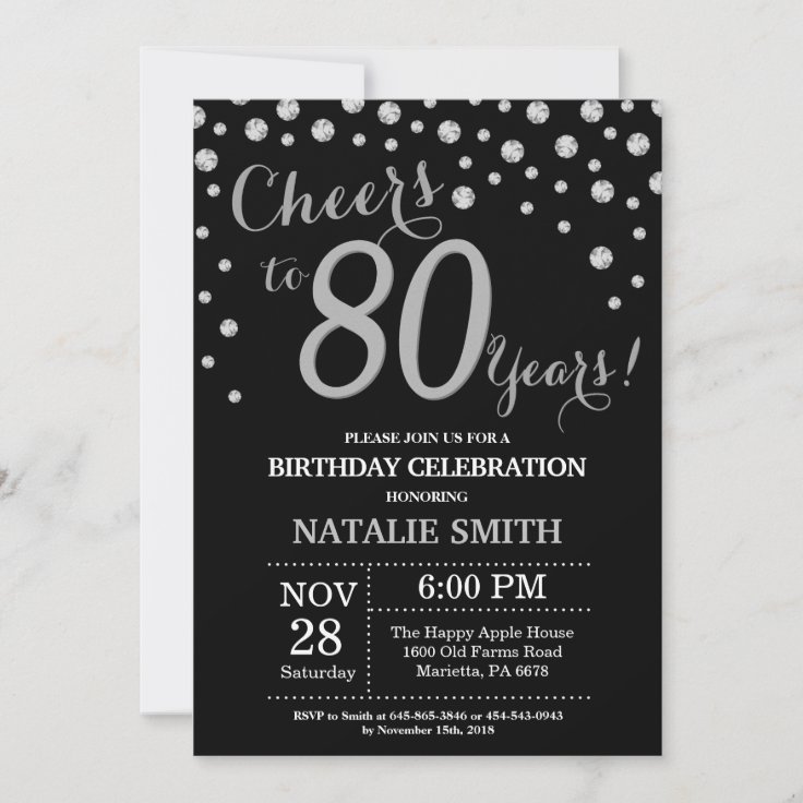 Black and Silver 80th Birthday Diamond Invitation | Zazzle