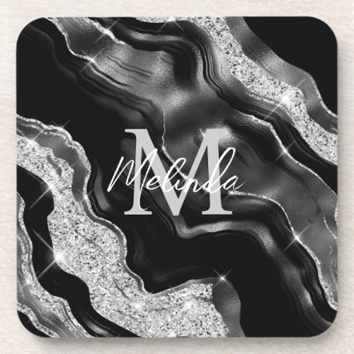 Black and Silver Abstract Agate Beverage Coaster