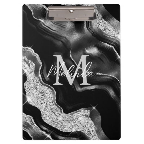 Black and Silver Abstract Agate Clipboard