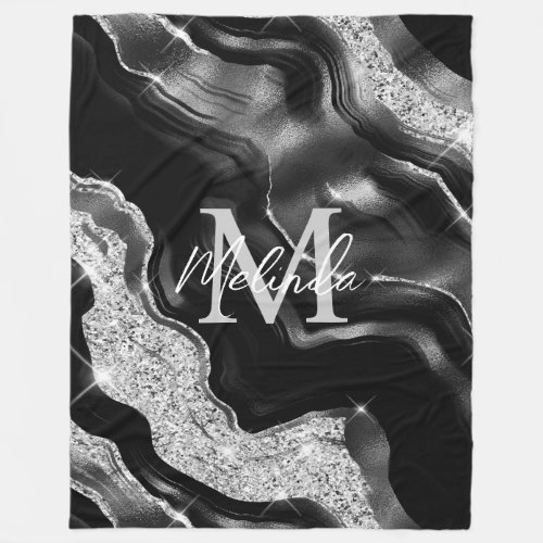 Black and Silver Abstract Agate Fleece Blanket