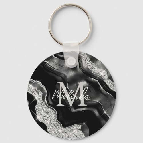 Black and Silver Abstract Agate Keychain