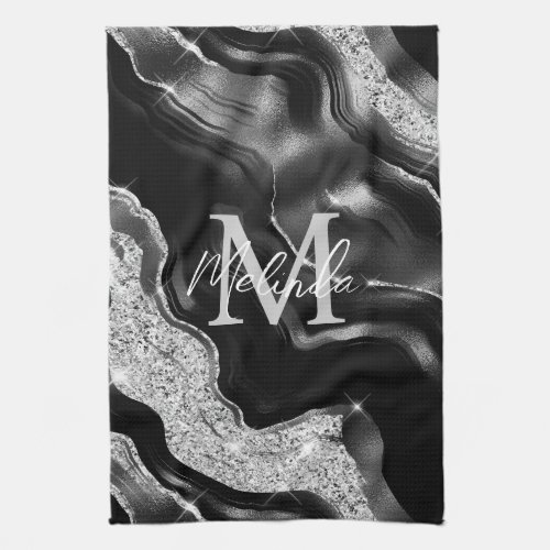 Black and Silver Abstract Agate Kitchen Towel