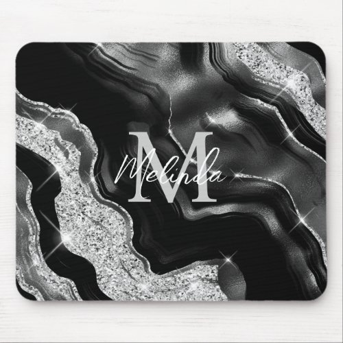Black and Silver Abstract Agate Mouse Pad