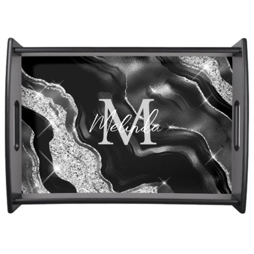 Black and Silver Abstract Agate Serving Tray