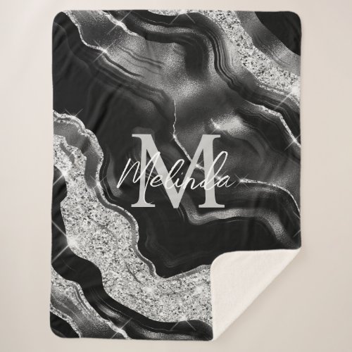 Black and Silver Abstract Agate Sherpa Blanket