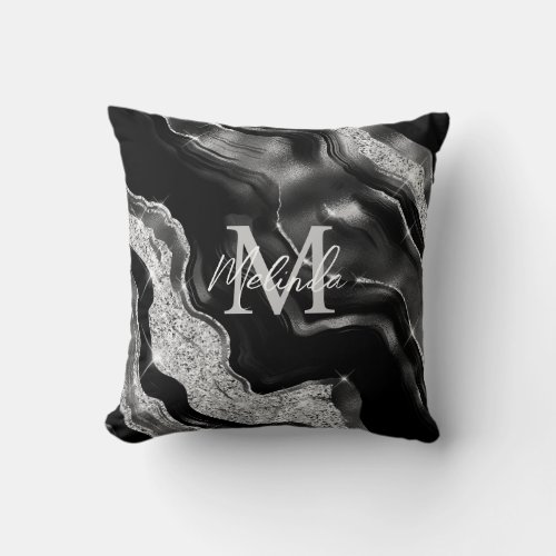 Black and Silver Abstract Agate Throw Pillow