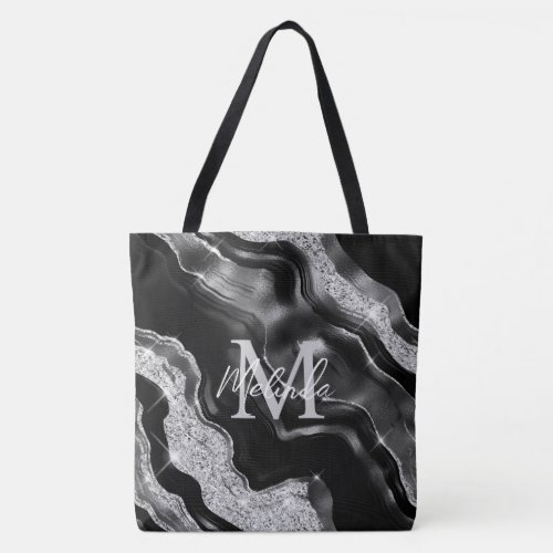 Black and Silver Abstract Agate Tote Bag
