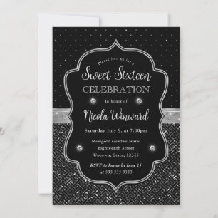 Black and Silver Art Deco Glitter Sweet Sixteen Invitation
