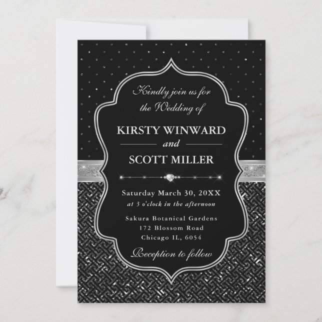 Black and Silver Art Deco Glitter Wedding Invitation (Front)