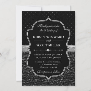 Black and Silver Art Deco Glitter Wedding Invitation