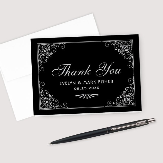 Black and Silver Art Deco Scrollwork Wedding Letterpress Thank You Card (Creator Uploaded)