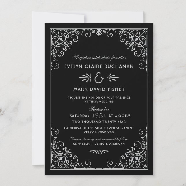 Black and Silver Art Deco Wedding Invitation (Front)