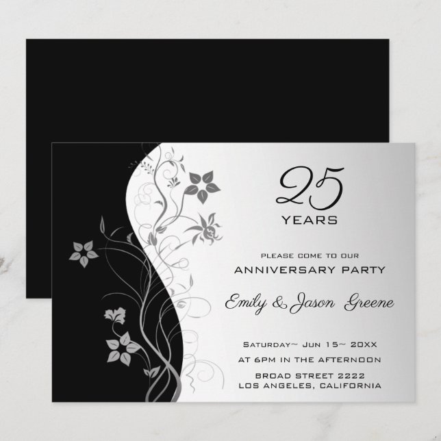 Black And Silver Background Gray Flowers Invitation (Front/Back)