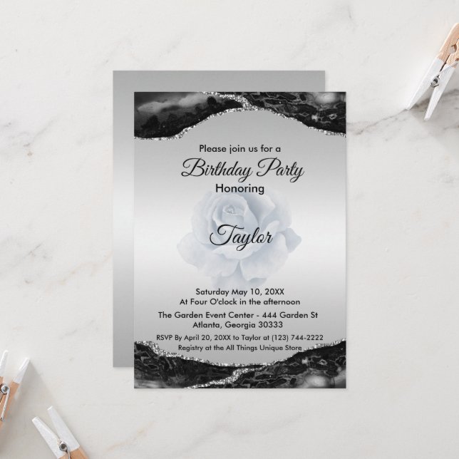 Black and Silver Birthday Invitation (Front/Back In Situ)